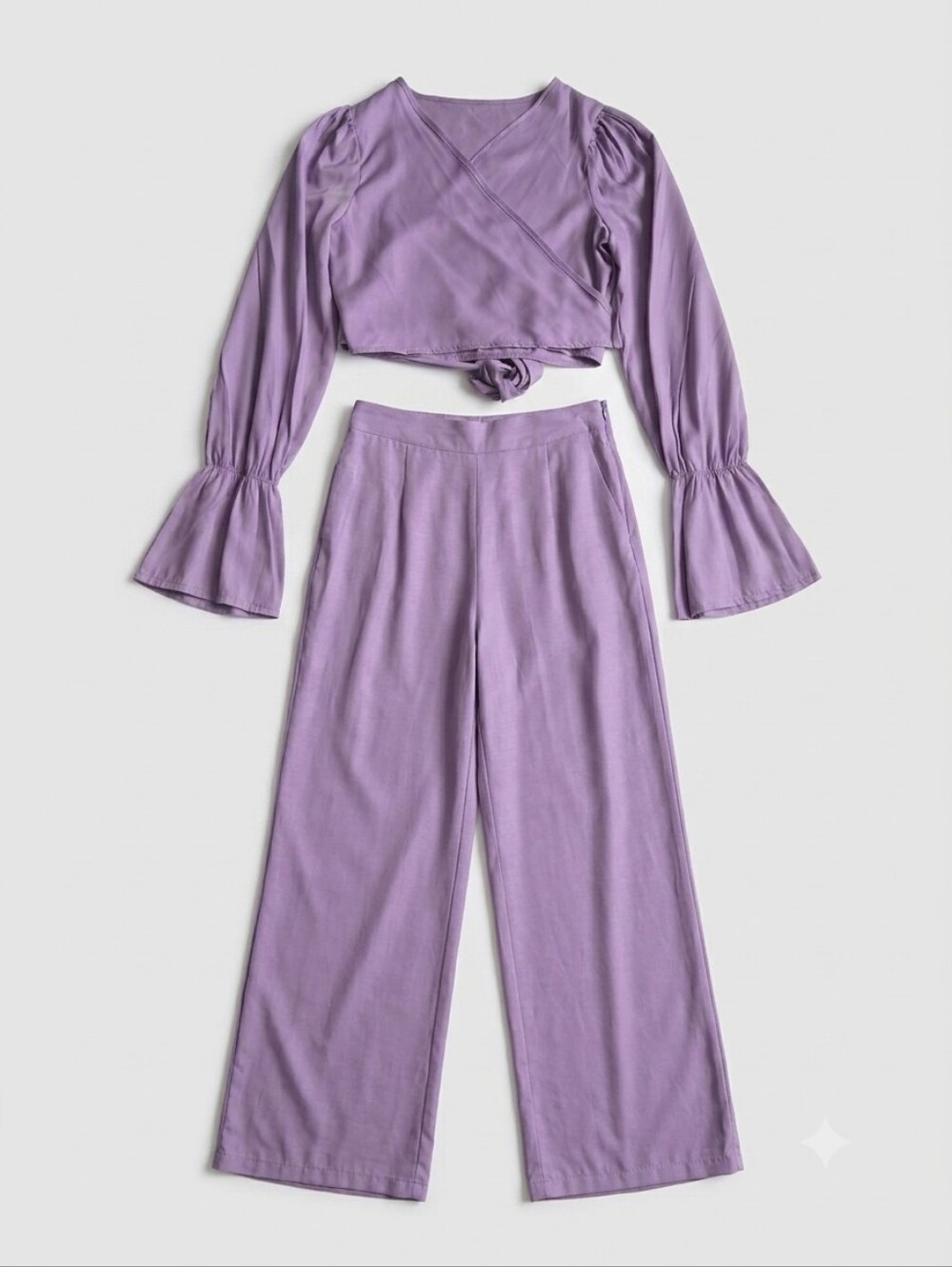 Lavender 2 Pieces Set Wrap Tie Crop Top & Flowy Wide Leg Pants Set